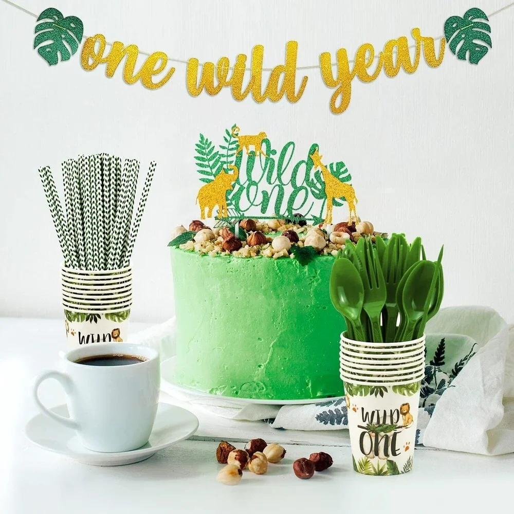 Wild one Jungle Safari First Birthday Decorations for 24 Guests Over 220 Pieces